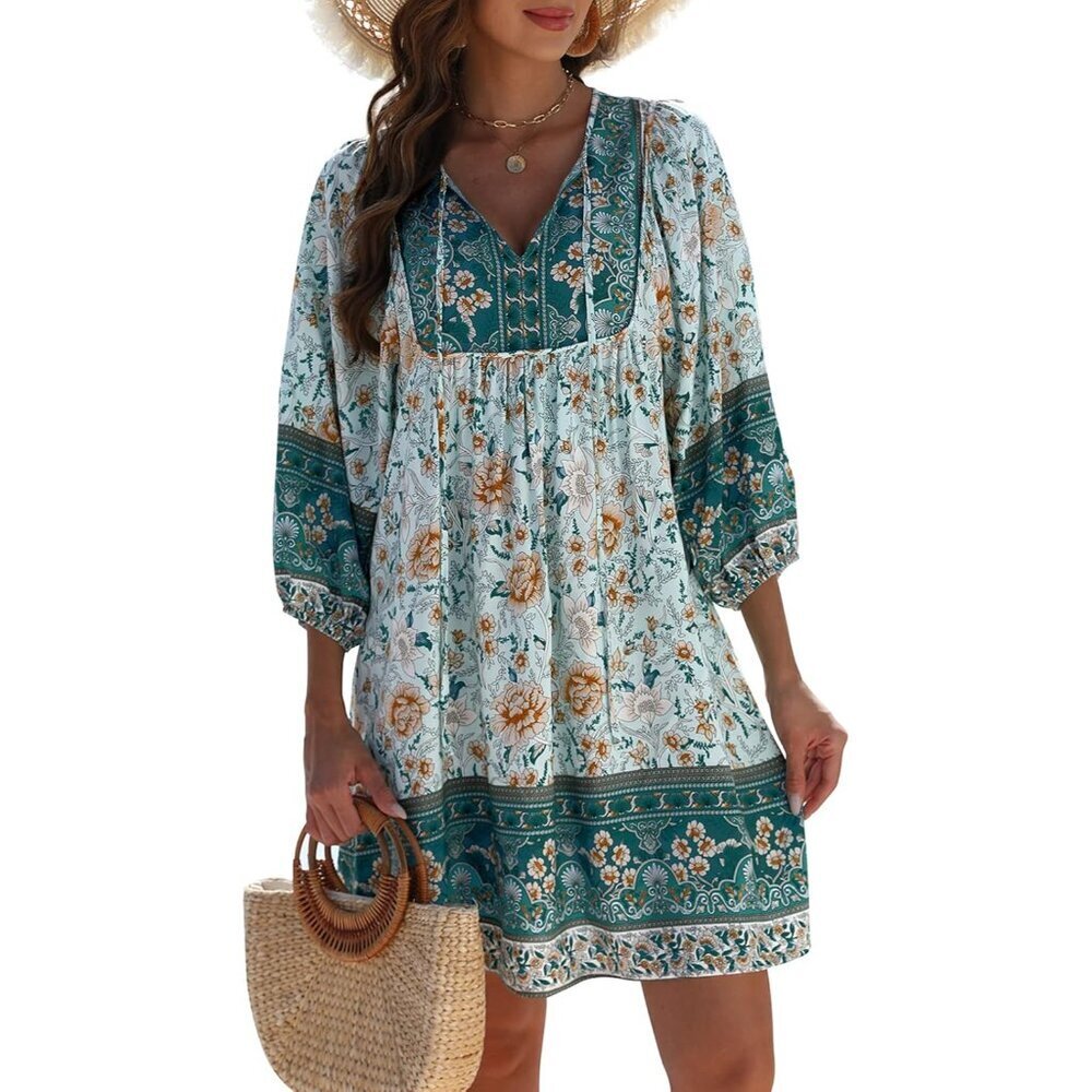 Women's Boho Floral Mini Dress Rayon V Neck 3/4 Sleeves Summer Casual